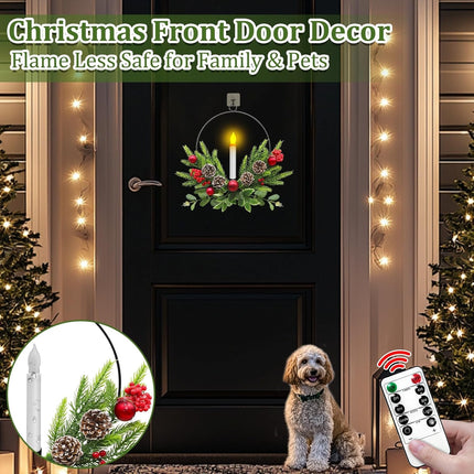 TURNMEON 2 Pack 15'' Christmas Wreaths for Front Door with LED Candles Timer Remote & Xmas Ball Pinecones Red Berries Decor, Battery Operated Lighted Xmas Wreath Decorations for Window Porch Holiday