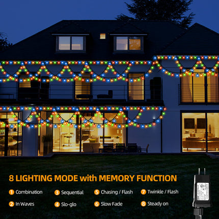 XTF2015 Christmas Lights Outdoor Color Changing 40FT 380 LED Christmas String Lights Extendable 8 Modes, Waterproof Half-Round Christmas Lights for House Roof Eaves Garden Patio(Multicolor)