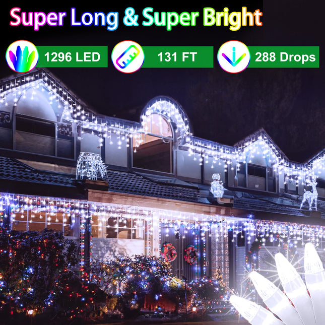 1296 LED Christma Lights With 288 Drops,131FT Outdoor Hanging lights with 8 Modes & Timer, Plug in Curtain String Lights Outdoor Waterproof for Fence Holiday Wedding Party Home Garden Decor Cool White