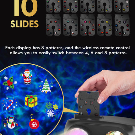 Christmas Projector Lights, Holiday Projector Outdoor, 2 in 1 HD Effect Pattern Snowflake Projection Lamp, with Remote control, Timer Memory Function, 10 slides for Various Festive Atmosphere