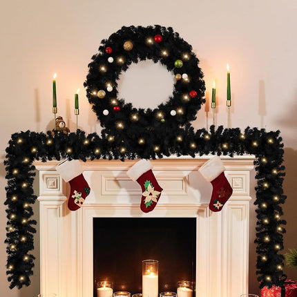 Hotop 9 ft Faux Spruce Artificial Christmas Garland LED Garland Warm Pine Prelit Battery Operated Lighted Garland for Seasonal Indoor Home Fireplace Mantle Tree Stair Decor (2 Pcs,Black)