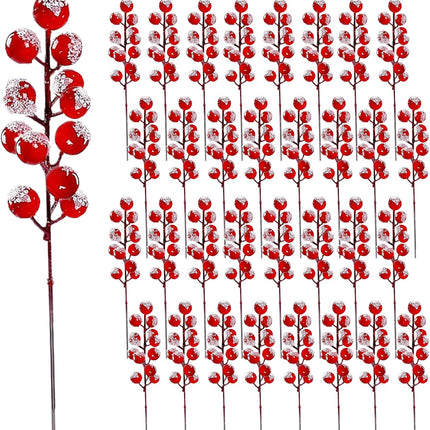 32 Pack Christmas Tree Decoration, 8 Inch Artificial Snowy Red Frosted Berry Stems Christmas Picks Filler for Tree, Holly Berries Christmas Tree Ornaments Xmas Holiday Decor