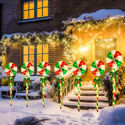 VIHOSE 8 Pcs Lollipop Christmas Pathway Lights Outdoor Led Waterproof Peppermint Outdoor Christmas Decorations with Bows Candy Cane Landscape Path Lights with 8 Modes for Garden Yard Patio, 27.5 Inch
