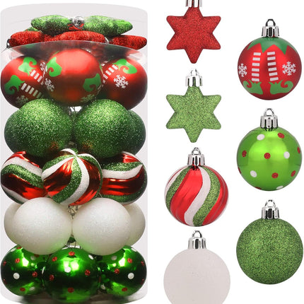 Ornament 35pcs Shatterproof Christmas Balls & Stars, Plastic, Red & Green, Hanging, for Xmas Tree Decorations, Wedding, Party Decors