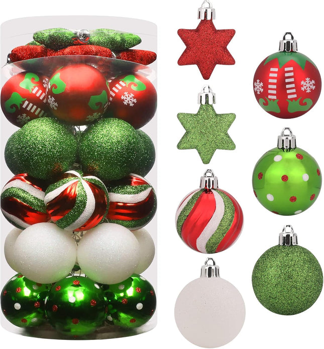 Ornament 35pcs Shatterproof Christmas Balls & Stars, Plastic, Red & Green, Hanging, for Xmas Tree Decorations, Wedding, Party Decors