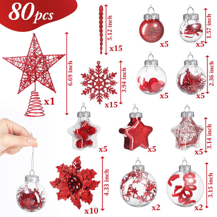 Jenaai 80 Pcs Clear Christmas Ball Ornaments Set Transparent Shatterproof Decorative Ball Christmas Hanging Baubles with Stuffed Delicate Decoration for Xmas Tree Decor Holiday Party (Red)