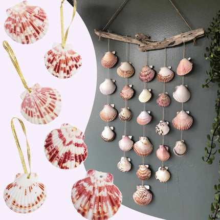 Christmas Seashells Beach Ornaments 10pcs, 2-3 Inch Hanging Scallop Shells for Decorating, Natural Beach Decorations for Home DIY Decor Wreath