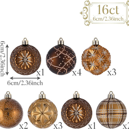Valery Madelyn Fall Ornaments for Christmas Trees, 16ct Bronze Copper Brown Gold Shatterproof Fall Christmas Tree Decorations, 2.36 Inches Luxury Hanging Ball Ornaments for Thanksgiving Autumn Harvest