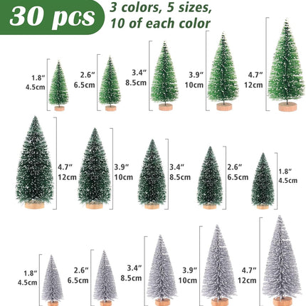 Mini Christmas Tree Christmas Decorations 30Pcs - Bottle Brush Christmas Trees with 5 Sizes, Miniature Pine Trees with Wooden Base for Christmas Party Home Table Craft Decor (Silver+Green+DarkGreen)