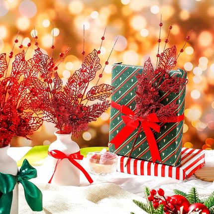 Tigeen 20 Pcs 16.5 Inch Artificial Christmas Picks for Christmas Tree Glitters Christmas Picks Sprays with Flowers Berry Leaves Christmas Glitter Berries Stems for Xmas Tree Ornaments (Red)