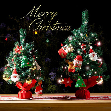 Mini Christmas Tree Set of 2, Tabletop Artificial Christmas Tree with Lights, Felt Ornaments, Ornament Balls, Desk Small Xmas Tree for Christmas Decorations, Including 4xAA Batteries