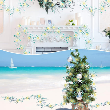 Christmas Beaded Starfish Garland Beach Decor Ocean Coastal Themed Beach Diamond Beads Garland with White Starfish Beaded Garland for Xmas Tree Wedding Beach Party Decor (with Lights, 33 Feet)