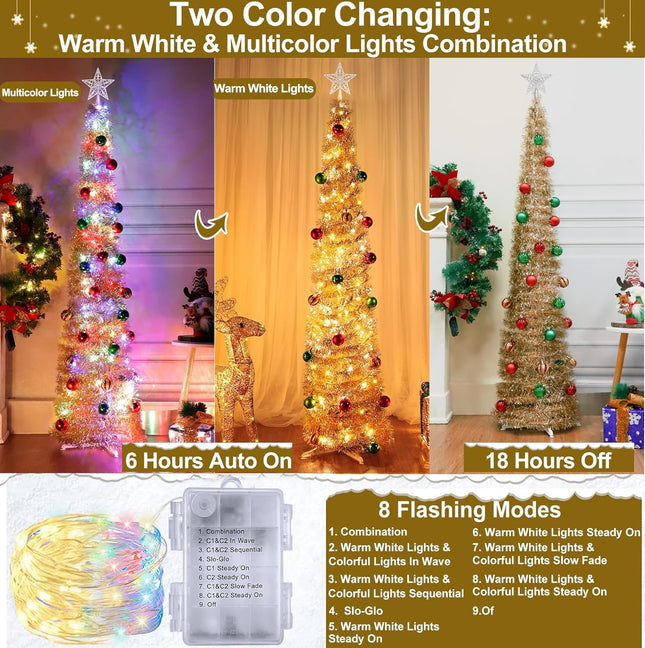 5 Ft Lighted Tinsel Pop Up Christmas Tree 50 Warm White & Multicolor Changing Lights Timer 8 Mode Ball Ornaments Battery Operated Pencil Artificial Slim Tree Xmas Decoration Home Party Indoor Outdoor