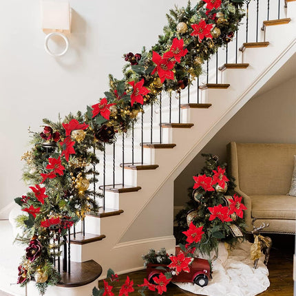 Christmas Garland, Poinsettia Christmas Flowers Decorations Garland, Artificial Flowers Garland with Red Berries Holly Leaves, Christmas Tree Decor Xmas Party Fireplace Wall Garden Decor, Pack of 2
