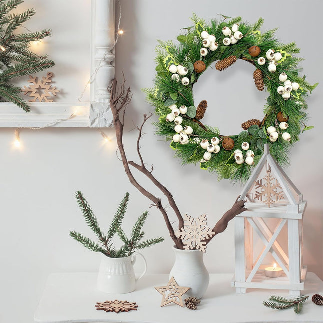 22" Christmas Wreath Artificial Winter Wreaths for Front Door Christmas Door Wreath with White Berries Pine Cones Needles Bells for Christmas and Winter Holidays