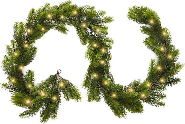 9 Ft Real Touch Norfolk Pine Garland with Lights for Mantle Table Setting Fireplace, Outdoor Indoor Artificial Greenery Christmas Garland for Staircase Front Door Porch Wall Home Decoration