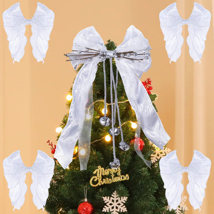 Christmas Tree Topper with Jingle Bells, Ribbon Bow Topper for Tree ,Xmas Ornaments for Holiday Decor, Great Christmas Decoration,10.23x 14.96 Inches,White