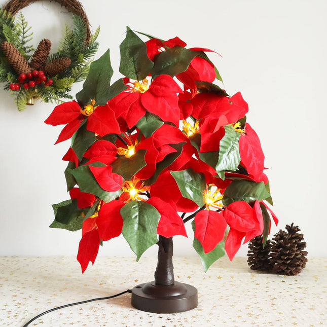 18 LED Poinsettia Tree Lamp Artificial Red Flower Led Tree Light with 8 Lighting Modes USB/Battery Operated for Home Christmas Festival Decoration (Warm White)