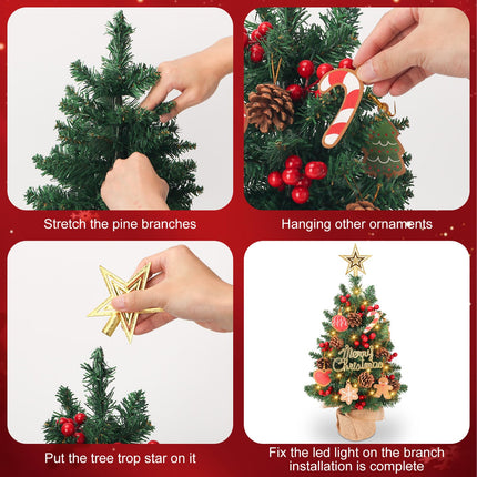 HOXHA Mini Christmas Tree, 22 Inch Small Tabletop Set, Star Tree Topper, Pine Cones Berries and Christmas Ornaments for Christmas Holiday Home Office Table Decorations, Green