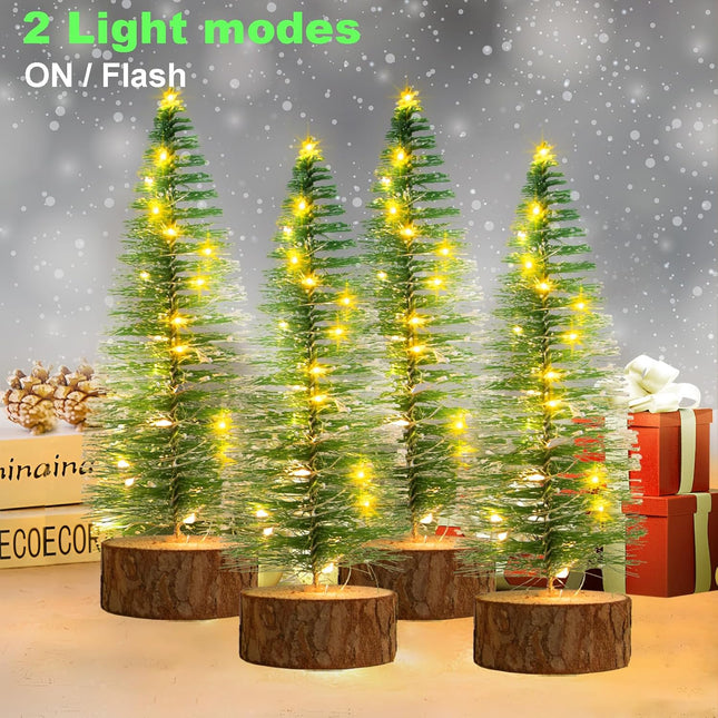 4 Pcs Mini Christmas Trees, 8 Inch Artificial Christmas Bottle Brush Trees with Fairy Lights Battery Powered Tabletop Tree Decoration (Warm White)