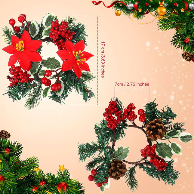 Set of 8 Christmas Candle Rings Christmas Wreaths Berry Pinecone Red Poinsettia Candle Wreaths Rings Mini Christmas Candleholders Xmas Wreath Candle Holder for Christmas Centerpiece(Stylish)