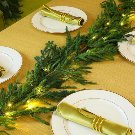 Real Touch Norfolk Pine Garland Faux Christmas Garland Pre Lit Artificial Pine Greenery Garlands with Warm White LED Lights for Xmas Holiday Wedding Party Outdoor Decorations (6 Feet, 1)