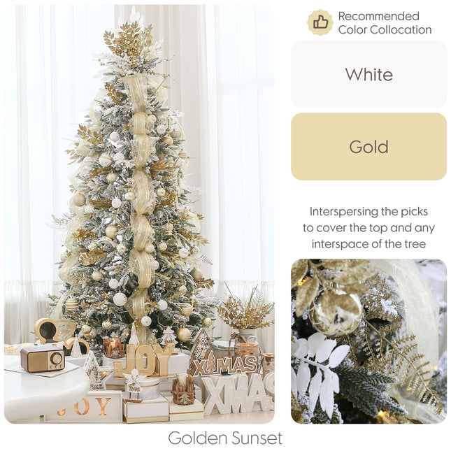 Sea Team 36-Pack Artificial Glitter Pine Twigs, Spruce Stem Ornaments, Decorative Fern Sticks, Picks, Branches for Christmas Tree, Wreath, Vase Fillers for Centerpieces, Home Décor, Gold