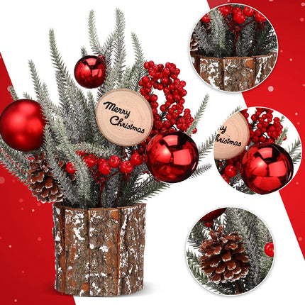 Zhehao 12'' Small Christmas Tree Artificial Mini Tabletop Christmas Tree Decorations with Red Ball Red Berry Pine Cone Greenery Wood Signs Portable Christmas Decor for Party Holiday Fireplace