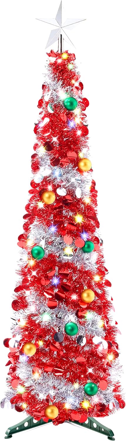 Joiedomi 5 FT Pre-Lit Tinsel Christmas Tree, Collapsible Tree with 50 Multicolor LED Lights, Ball Ornaments for Home Holiday Christmas Party Indoor Decoration (Red and Silver)