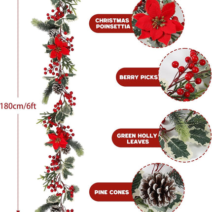 SOMYTING Christmas Garland 6FT Christmas Poinsettia Garland with Red Berries Holly Leaves Artificial Pine Needle Red Berry Garland Artificial Xmas Flower for Indoor Outdoor Christmas Decortions (2PCS)