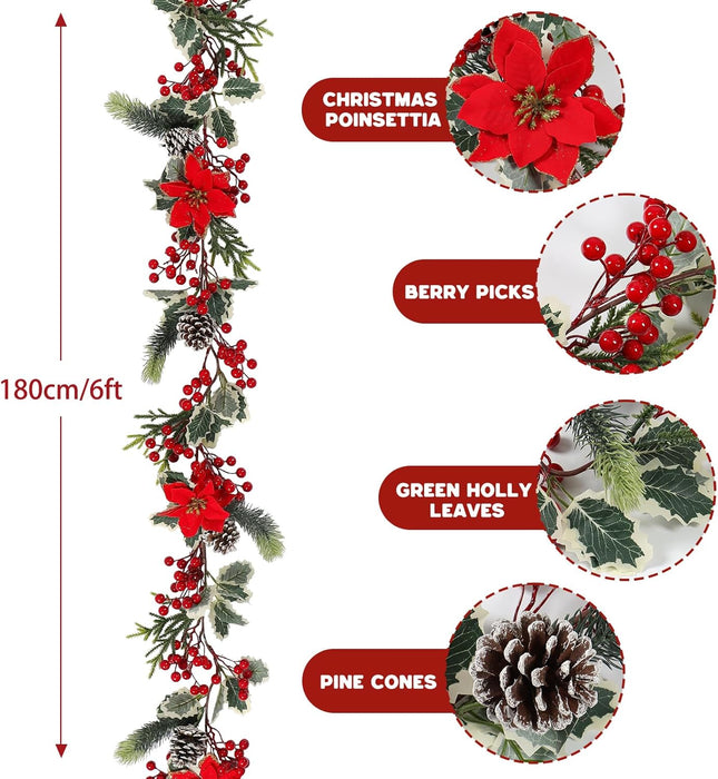 SOMYTING Christmas Garland 6FT Christmas Poinsettia Garland with Red Berries Holly Leaves Artificial Pine Needle Red Berry Garland Artificial Xmas Flower for Indoor Outdoor Christmas Decortions (2PCS)