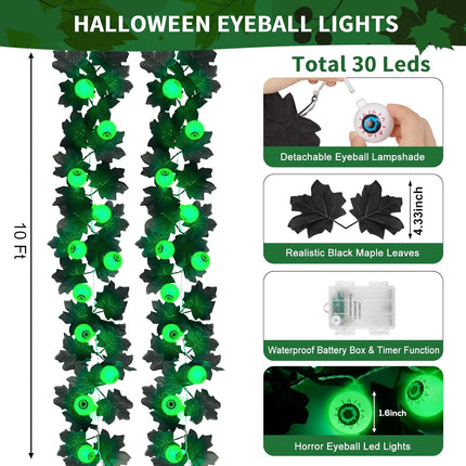 Ouddy Decor Lighted Halloween Garland, Total 10 FT 30 LED Black Maple Leaves Garland with Eyeballs Lights Waterproof Timer Battery Operated for Indoor Outdoor Home Halloween Decorations, Green
