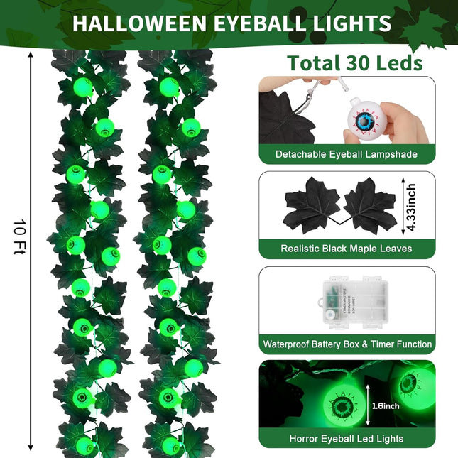Ouddy Decor Lighted Halloween Garland, Total 10 FT 30 LED Black Maple Leaves Garland with Eyeballs Lights Waterproof Timer Battery Operated for Indoor Outdoor Home Halloween Decorations, Green