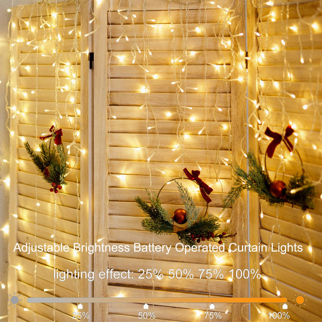 Battery Operated Curtain String Lights,9.8ft×9.8ft 300 LED Battery Curtain Lights with Remote Timer 8 Modes, Waterproof Curtain Fairy Lights for Outdoor Indoor Wedding Christmas Decor (Warm White)