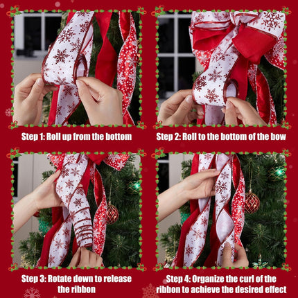 Christmas Tree Topper Wreath Bow, 48x13 Inches Large Christmas Bow with White Snowflakes, Decorative Ribbon Bows for Xmas Tree Wreath Door Festival Home Decor(Red & White)