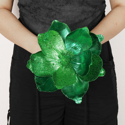 GL-Turelifes 10’’ Large Glitter Christmas Flowers 6 Pcs Artificial Magnolia Flower Ornaments Fold Floral for Christmas Tree Decorations Xmas Tree Year Party Wedding Centerpiece (Green)