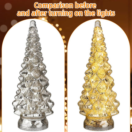 2 Pcs 12.6 Inch Lighted Glass Christmas Tree Figurine Battery Operated Glass Christmas Tree Silver Glass Lighted Christmas Tree Glass Tabletop Xmas Tree Decoration for Fireplace Mantel
