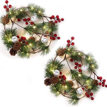 Fleeting Time Pine Cone Christmas Garland Lights, 2 Pcs 6.56 Ft 20 LED Lights String with Red Berry and Bells,Indoor Outdoor Thanksgiving Xmas Holiday Decoration (Bell)