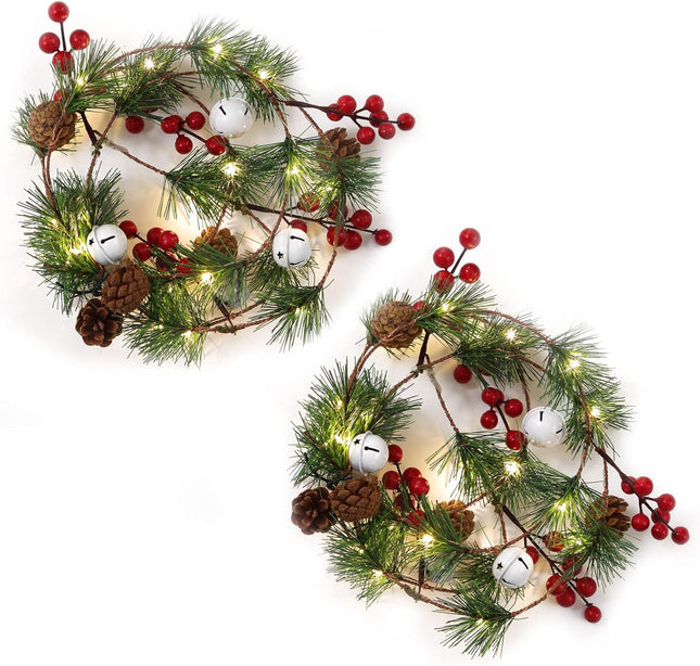 Fleeting Time Pine Cone Christmas Garland Lights, 2 Pcs 6.56 Ft 20 LED Lights String with Red Berry and Bells,Indoor Outdoor Thanksgiving Xmas Holiday Decoration (Bell)