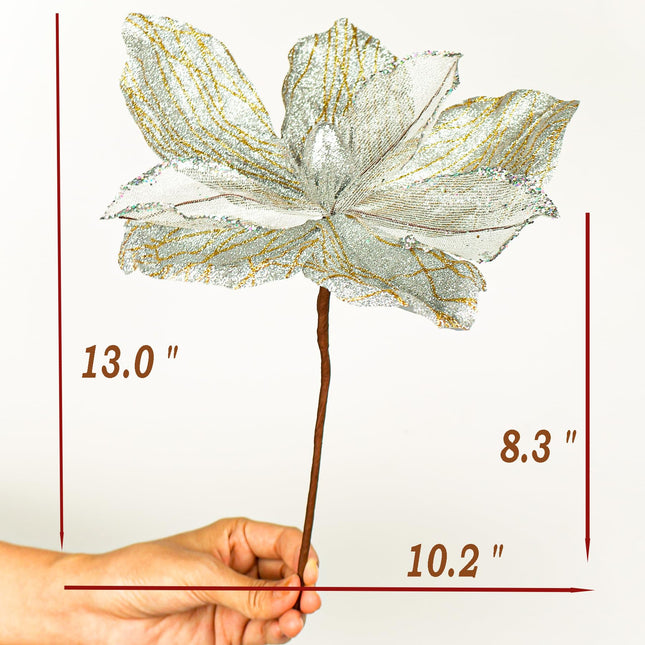 10" Velvet Poinsettias Artificial Christmas Flowers, 6pcs Large Glitter Christmas Poinsettia Picks, Floral Stems for Christmas Tree Wreath Garland Decorations DIY Ornaments (Silver)
