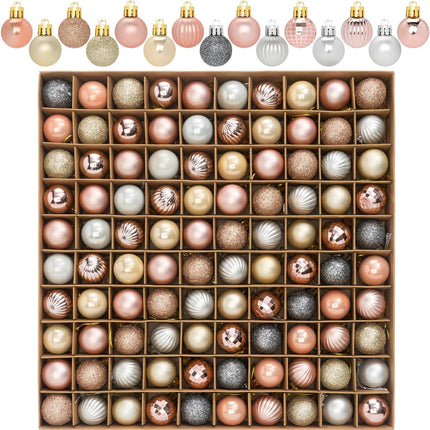 100 Pcs Mini Christmas Ball Ornaments Set, 1.18'' Rose Gold Silver and Champagne Small Shatterproof Xmas Tree Ornament Hanging Ball Bulk Decorations for Holiday Party, Wreath, Garland, Winter Décor