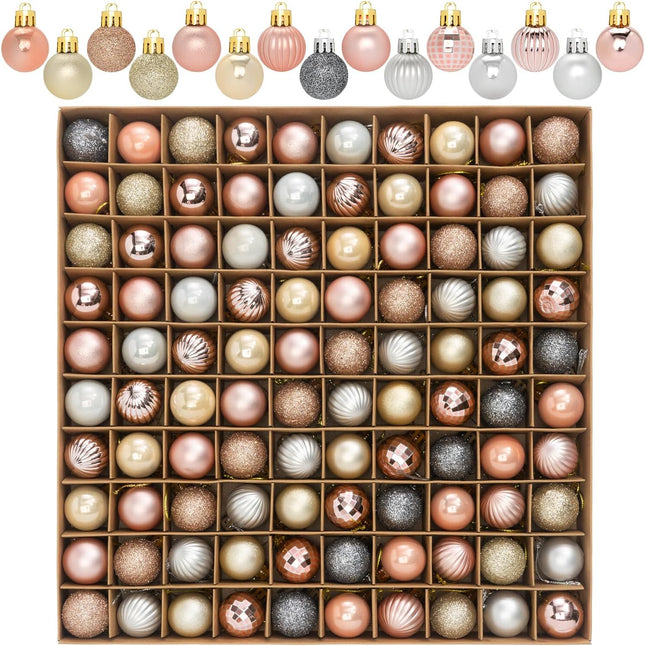 100 Pcs Mini Christmas Ball Ornaments Set, 1.18'' Rose Gold Silver and Champagne Small Shatterproof Xmas Tree Ornament Hanging Ball Bulk Decorations for Holiday Party, Wreath, Garland, Winter Décor