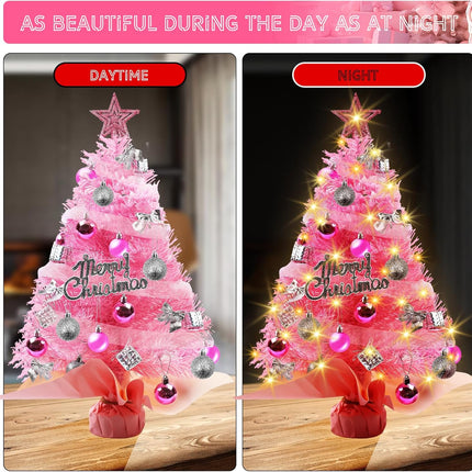 23 Inch Tabletop Christmas Tree with Led Lights,Artificial Mini Christmas Tree, DIY Artificial Tabletop Christmas Tree,Christmas Decorations for Home Desktop Xmas Tabletop Decoration (Pink)