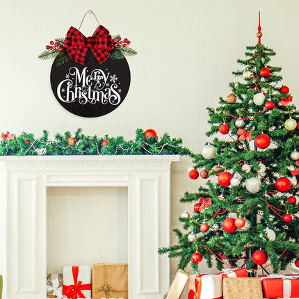 Whaline Merry Christmas Wooden Hanging Sign Door Decoration Wreath Buffalo Plaid Bow Welcome Sign for Home Indoor Outdoor Wall Window