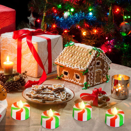 24 Pcs Christmas Candy Cane Tea Lights LED Flameless Candles Striped Battery Operated Flickering Candles Warm Yellow Light Candles Flameless Tealight Candles for Christmas Party (Red, Green)