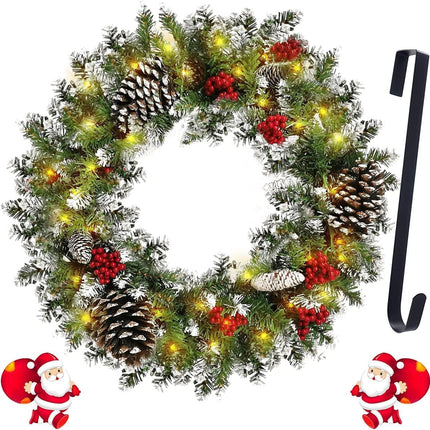 Christmas Wreath Garland for Front Door, Pre-lit Artificial Xmas Garland with 50 LEDs Lights Battery Operated - Snowflake Red Berry Pinecone Fir Garland Come with Hook(18 Inch)