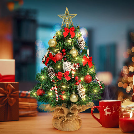24 Inch Mini Christmas Tree, Small Artificial Christmas Tree with LED String Lights, Star Tree Topper and Hanging Ornaments, Tabletop Christmas Tree with Lights for Holiday DIY Christmas Decorations