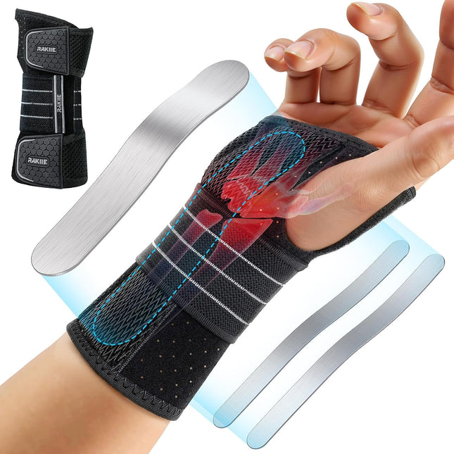Rakiie Carpal Tunnel Wrist Brace, Ergonomic Night Support Brace with 3 Metal Splints for Arthritis & Tendonitis Relief, Breathable Hand Splint Stabilizer for Men Women (Right Hand, Gray, Medium)