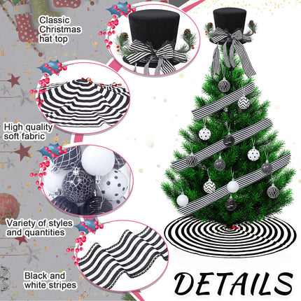 Liliful 33 Pcs Christmas Tree Decoration Set Striped Christmas Tree Skirt Christmas Tree Topper Hat with Bows White and Black Christmas Balls Xmas Ribbons for Xmas Holiday Wedding Party Decorations
