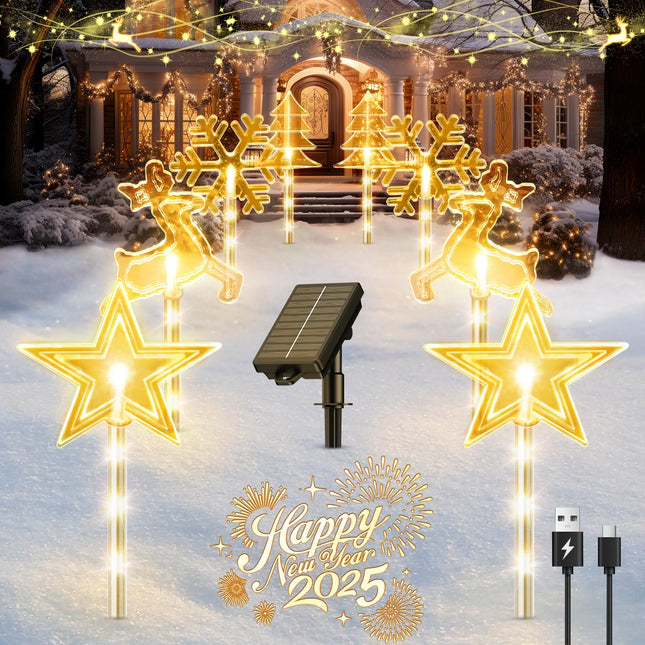 8 Pack Christmas Decorations Outdoor for Yard, 2 Charging Ways Large 1200mAh Solar Christmas Pathway Lights, 32 LED Christmas Lights 10 Modes Waterproof Christmas Decorations Outside for Garden Decor